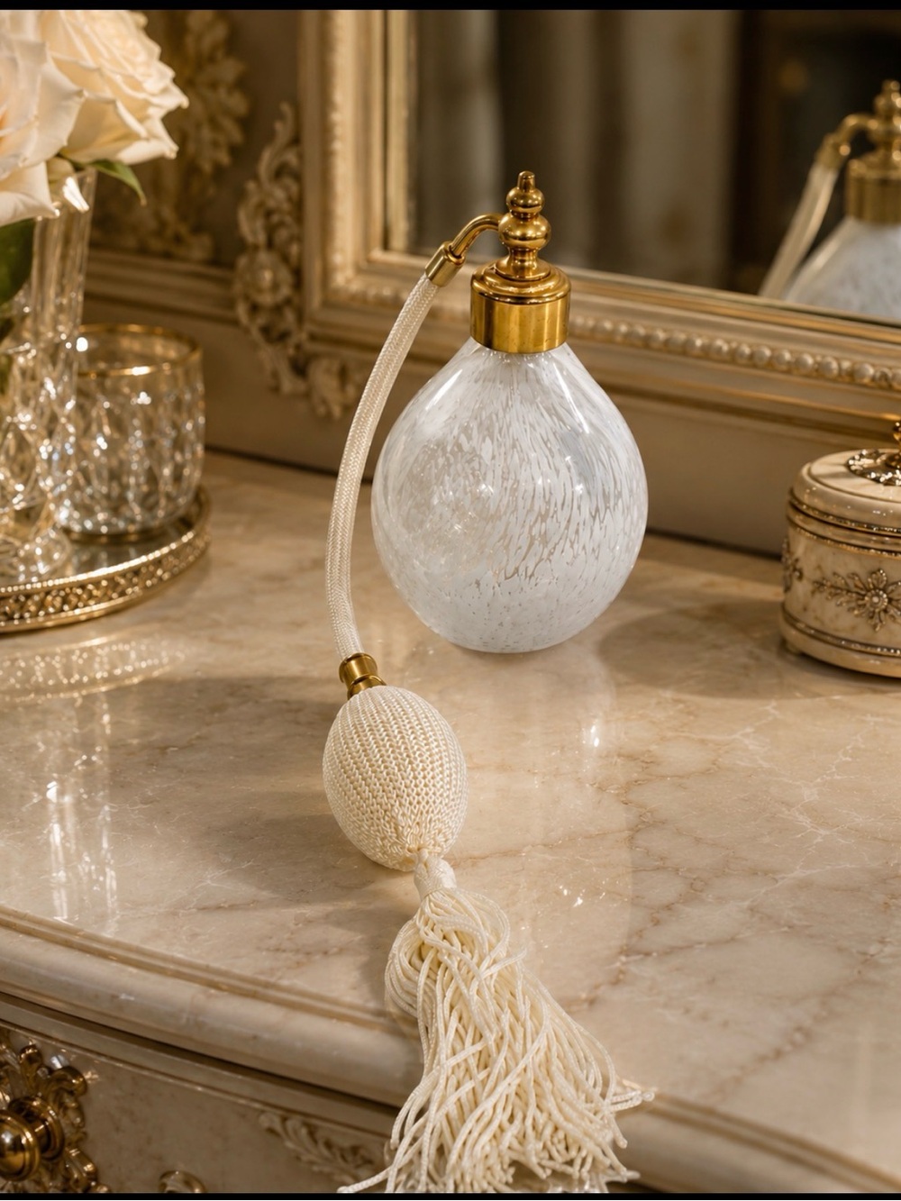 White Glass Atomizer Perfume Bottle with Gold Accents